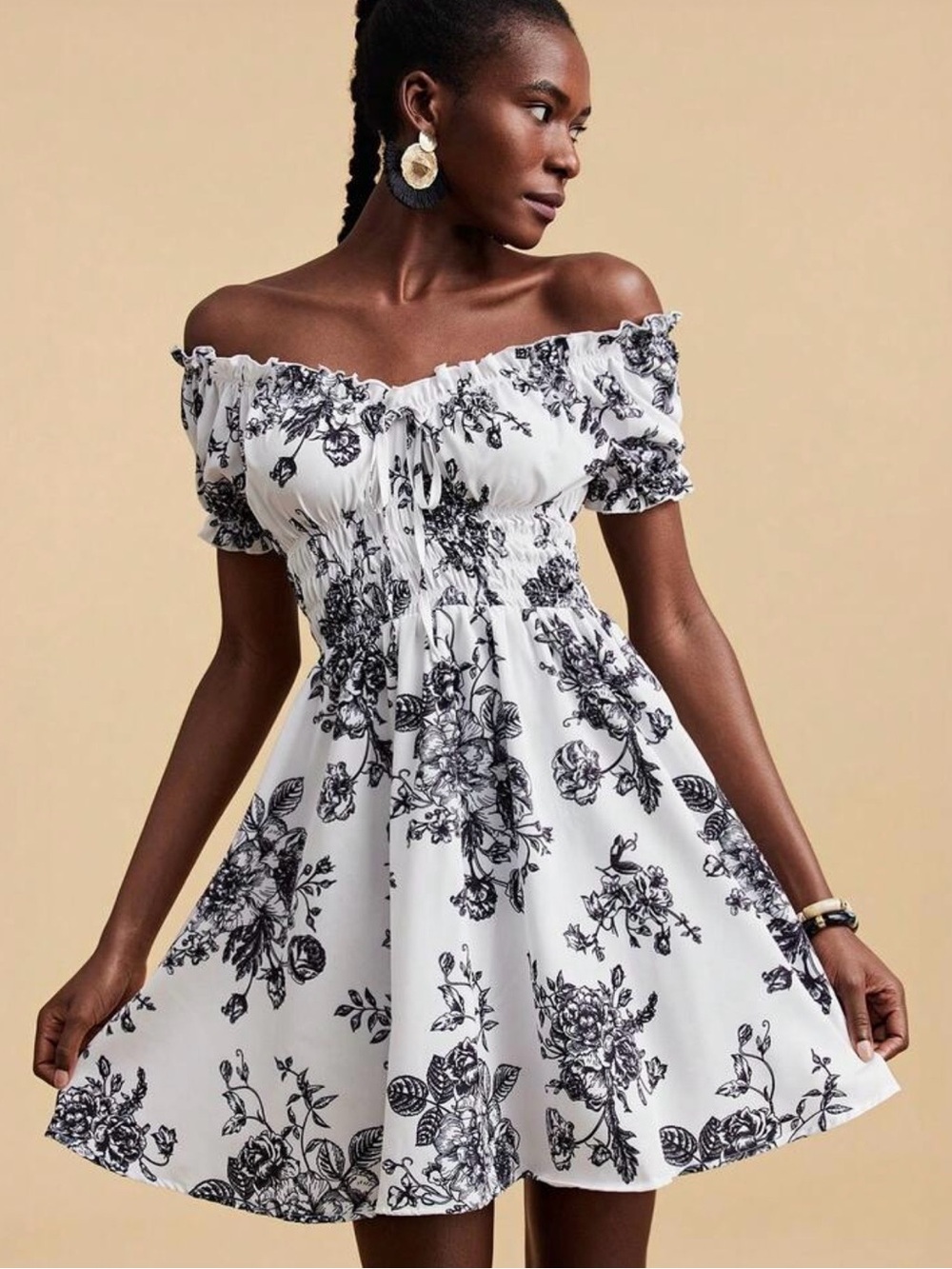 SHEIN White Off-Shoulder Black Floral Mini Dress